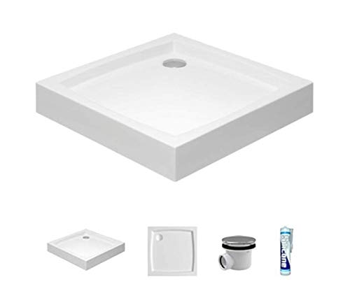 ECOLAM Duschwanne Duschtasse flach Patio Polimat Viereck quadratisch 80x80 x16 cm Tiefe 5 cm Acryl weiß + Siphon + Silikon (80 x 80 cm) von ECOLAM