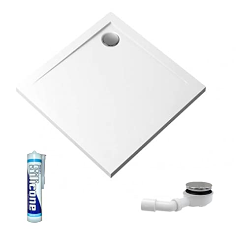 ECOLAM flache Duschwanne Duschtasse Brausewanne Geos Polimat Viereck Quadrat 90x90 x 4,5 cm/Tiefe 1,5 cm flach weiß + Siphon Alcaplast + Silikon von ECOLAM