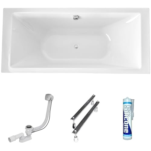 ECOLAM große Badewanne Doppelbadewanne TAMI 200x90 cm Rechteck Wanne für zwei Personen Duo Rechteckbadewanne mit Mittelablauf Ablaufgarnitur Ab- und Überlauf Füße + Silikon Komplett-Set Acryl weiß von ECOLAM