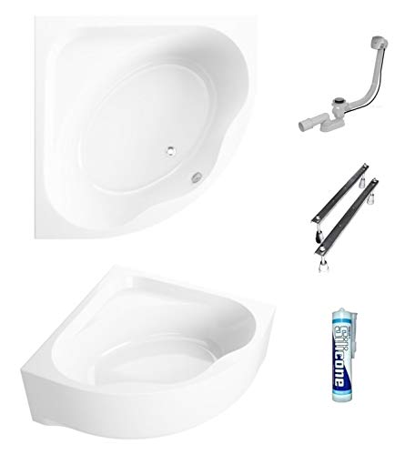 ECOLAM symmetrische Badewanne Eckbadewanne Standard Polimat Acryl weiß 150x150 cm + Schürze Ablaufgarnitur Ab- und Überlauf Automatik Füße Silikon Komplett-Set von ECOLAM