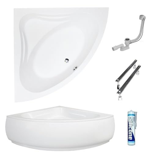 ECOLAM symmetrische Badewanne Eckwanne Eckbadewanne Mia 120x120 cm Modern Design Acryl weiß + Schürze Ablaufgarnitur Ab- und Überlauf Automatik Füße Silikon Komplett-Set von ECOLAM