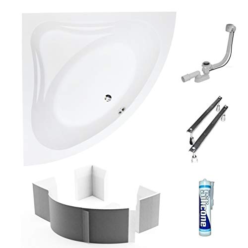 ECOLAM symmetrische Badewanne Eckwanne Mia 140x140 cm Acryl weiß + Wannenträger zum Verfliesen Ablaufgarnitur Ab- und Überlauf Automatik Füße Silikon Komplett-Set von ECOLAM