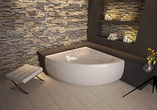 ECOLAM® symmetrische Badewanne Eckwanne Mia 140x140 cm Modern Design Acryl weiß Ablaufgarnitur Ab- und Überlauf Automatik Füße Silikon Komplett-Set (+ Acrylschürze) von ECOLAM