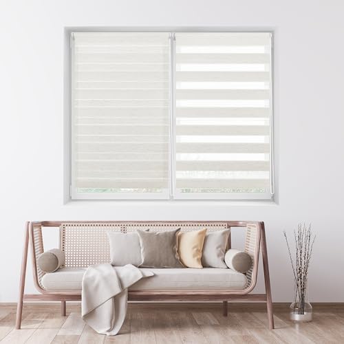 ECOMMERC3 Doppelrollo Nacht und Tag ohne Bohren Größe 60x220 - Easyfix Rollo OHNE Werkzeuge Stoffgröße 57x215 - Doppelrollo Nacht und Tag Leinen von ECOMMERC3