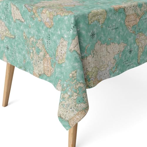 ECOMMERC3 Fleckabweisende Tischdecke für rechteckigen Tisch, Größe 220x140 cm | Schmutzabweisende Tischdecke, extra weich und wasserdicht, MAPAMUNDI TÜRKIS von ECOMMERC3
