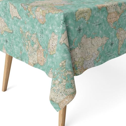 ECOMMERC3 Fleckabweisende Tischdecke für rechteckigen Tisch, Größe 260x140 cm | Schmutzabweisende Tischdecke, extra weich und wasserdicht, MAPAMUNDI TÜRKIS von ECOMMERC3