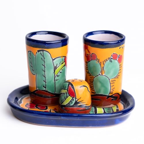 Talavera mexikanische Tequila-Gläser, Schnapsgläser und Salzstreuer, Set mit 4 Stück, authentisches Handwerk, Kunsthandwerk, Kaktus-Design, handbemalt, Heimdekoration, Cinco de Mayo Scotch Tequila von ECONIA