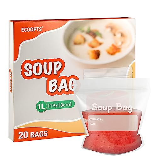ECOOPTS Versiegelte Gefrierbeutel 1 Liter wiederverwendbare Suppen- und Soßen-Flüssigkeitsbeutel (20 Stück) von ECOOPTS