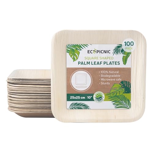ECOPICNIC 100 Stück Palmblatt Teller 26x26cm 10’’ | quadratische kompostierbare Einwegteller, nachhaltiges Einweggeschirr für Grillpartys, Picknicks und Geburtstagsfeiern von ECOPICNIC
