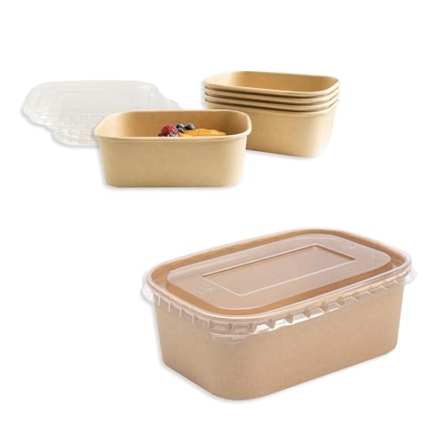 ECOPICNIC 50 Stück Einweg Papierschalen mit PET-Deckel | 750 ml rechteckige Salatschale to go, Suppenschale Einweg, Verpackung aus PETpapier mit PE-Beschichtung, kompostierbar von ECOPICNIC