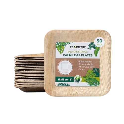 ECOPICNIC 50 Stück Palmblatt Teller 15x15cm 6’’ | quadratische kompostierbare Einwegteller, nachhaltiges Einweggeschirr für Grillpartys, Picknicks und Geburtstagsfeiern von ECOPICNIC
