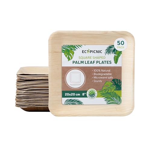 ECOPICNIC 50 Stück Palmblatt Teller 20x20cm 8’’ | quadratische kompostierbare Einwegteller, nachhaltiges Einweggeschirr für Grillpartys, Picknicks und Geburtstagsfeiern von ECOPICNIC