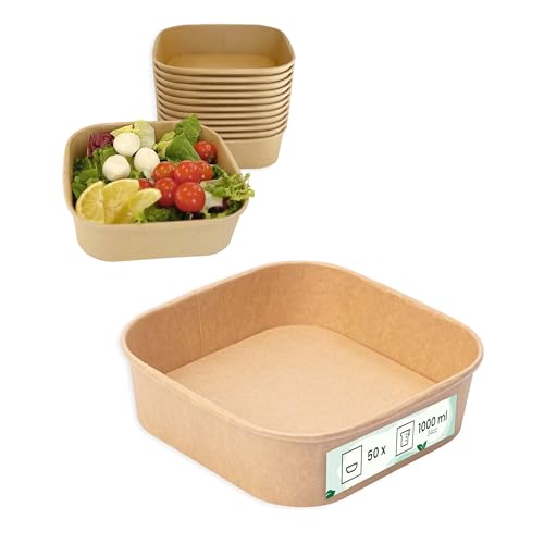ECOPICNIC 50 Stück Salatschalen 1000ml | to go Schalen Quadratische Suppenschalen Biologisch Bowl | Beerenschale Kraftkarton Verpackung mit PE Innenbeschichtung | Salatbowl gefäß Deli Container von ECOPICNIC