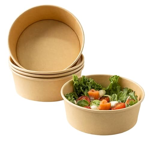 ECOPICNIC 50 Stück Salatschalen 1100ml | to go Schalen rund Suppenschalen Biologisch Bowl | Beerenschale Kraftkarton Verpackung mit PE Innenbeschichtung | Salatbowl gefäß Deli Container Kraft Papier von ECOPICNIC