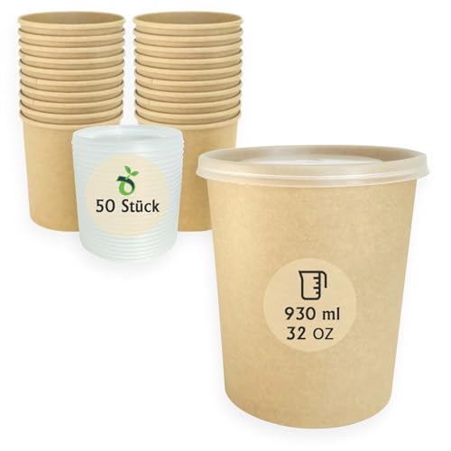 ECOPICNIC 50 Stück Einweg Suppenbecher mit Polypropylene Deckel, PP| 930 ml braun, 32 oz Eisbecher, Suppen-Becher to Go, nachhaltige Pappbecher mit PE Innenbeschichtung für heiße Speisen von ECOPICNIC