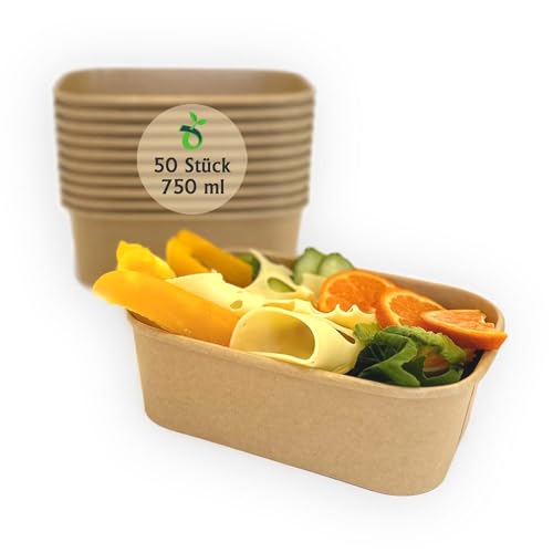 ECOPICNIC Einweg schale 50 Stück | Salatschale braun 750 ml, Rechteckige Kraftkarton Schale To Go, Salatschüssel 26oz, Suppenschalen einweg mit PE Innenbeschichtung von ECOPICNIC