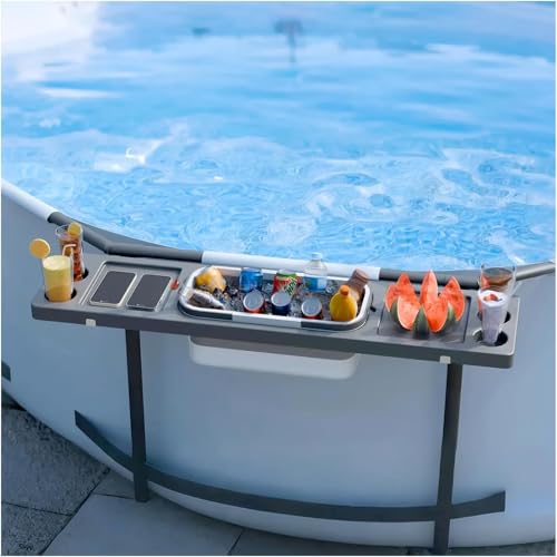 ECO POOLTECH 3 in 1 Klappbarer Pooltisch, tragbarer oberirdischer Poolbar-Getränkehalter mit Pooleimer als Poolkühler, Swimup-Bar für Rahmenpool/Terrasse, muss Poolzubehör haben von ECOPOOLTECH
