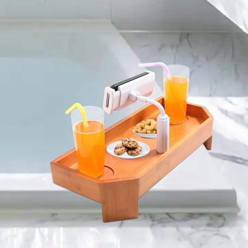 ECO POOLTECH Bambus Whirlpool Tablett Tisch, Rutschfester Beistelltisch für Getränke mit Becherhalter und Handyhalter, Spa Tablett für Whirlpool, Badewanne, Whirlpool Zubehör von ECOPOOLTECH