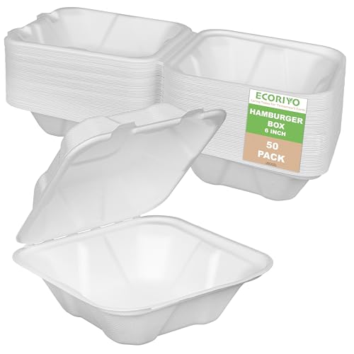 ECORIYO 15,2 cm BurgerTakeaway-Boxen – 50 Stück 450 ml Clamshell Takeaway Lebensmittelbehälter, Einweg-Lebensmittelboxen aus Zuckerrohr – gefriergeeignet und mikrowellengeeignet – Weiß von ECORIYO