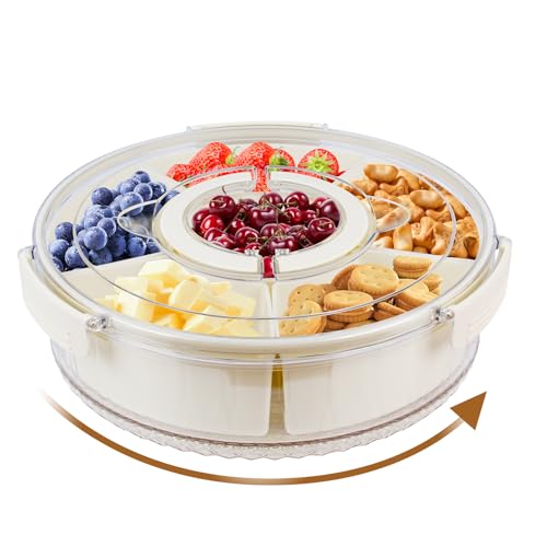 ECOSEAO Snackbox mit Fächern Groß, 360° Drehbare Snack Box, Snackteller mit Deckel und Griff, mit 6 Fächern, Rund Drehbare Snackschale für Süßigkeiten, Obst, Nüsse von ECOSEAO
