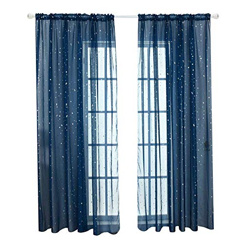 ECOSWAY Romantisch Tüll Vorhang Fenster Screening mit Pailletten Stern Dekor für Wohnzimmer - Dunkelblau, 1m*2.7m von ECOSWAY