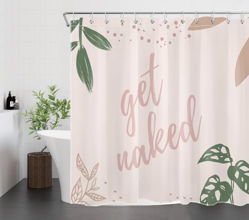 ECOTOB Get Naked Duschvorhang aus der Mitte des Jahrhunderts, grüne Blätter mit rosa lustigem Zitat, wasserdichter Polyester-Badvorhang mit Haken, 183.9x200.7 cm von ECOTOB