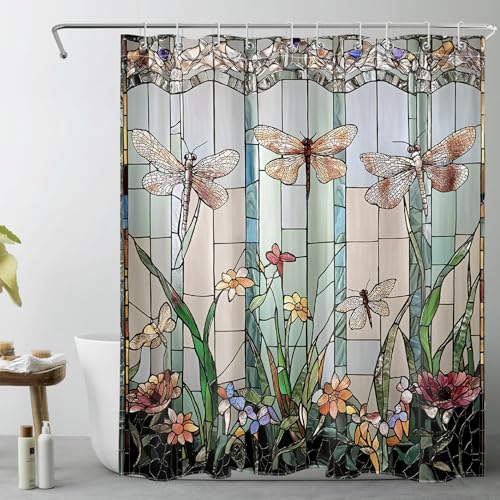 ECOTOB Grüner Garten-Duschvorhang, Dekoration, Buntglas, Blumen- und Libellen-Druck, Duschvorhang für Badezimmer, ästhetischer Badvorhang, Polyestergewebe mit Haken, 183 x 152 cm (L x B) von ECOTOB