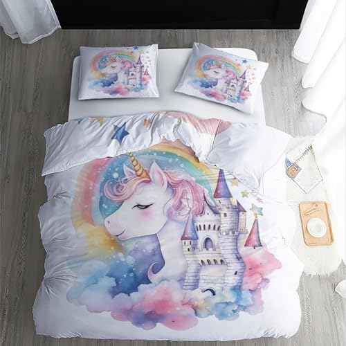 ECOTOS Einhorn Bettwäsche 140x200 cm - Bettbezug Regenbogen Castle, Weich & Bügelfrei & Atmungsaktiv Mikrofaser Wendebettwäsche & 1 Kissenbezug 70x90, Bettwäsche-Sets mit Reißverschluss von ECOTOS