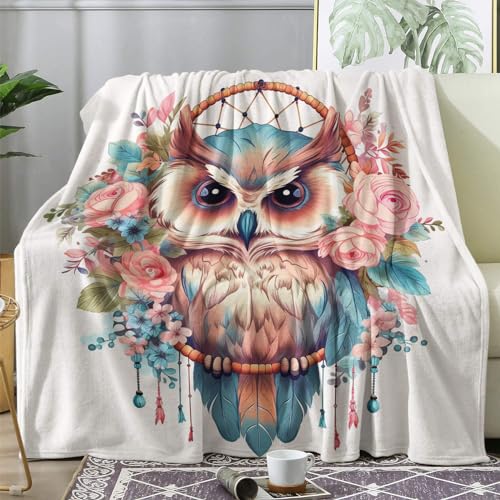 ECOTOS Kuscheldecke Eule Flauschig Decke 220x240 Blumen Traumfänger Fleecedecke Sofadecke Couchdecke, Flanell Decken Blanket, Große XXL Wohndecke Winter Warm Weich von ECOTOS