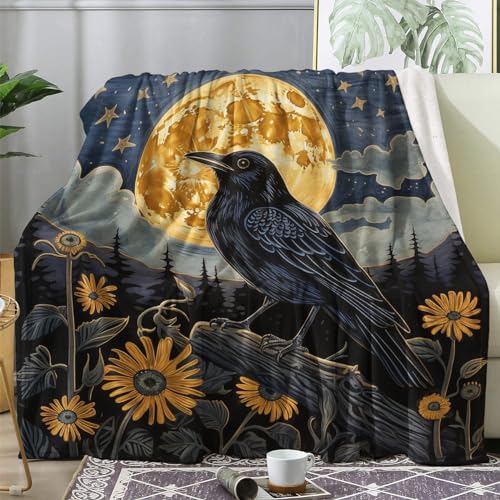 ECOTOS Kuscheldecke Flauschig Krähe Rabe Sonnenblumen, Große Decke Fleecedecke 220x240 Mond Sterne, Flanell Sofadecke Blanket XXL, Wohndecke Schlafdecke Winter Warm Weich, Deko Decken für Couch Bed von ECOTOS