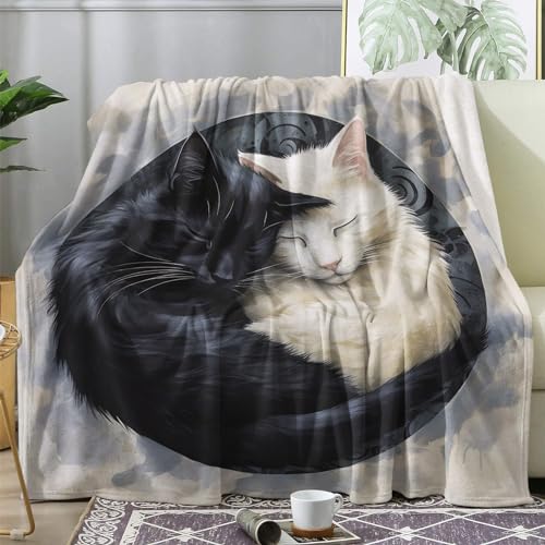 Kuscheldecke Schwarz Katzen Flauschig Decke 150x200 Weiß Katzen Fleecedecke Sofadecke Couchdecke, Flanell Decken Blanket, Große XL Wohndecke Winter Warm Weich von ECOTOS