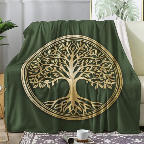 Kuscheldecke Flauschig Baum des Lebens, Decke Wolldecke 150x200 Grün, Flanell Sofadecke Blanket XL, Fleecedecke Wohndecke Schlafdecke Winter Warm Weich, Deko Decken für Couch Bed von ECOTOS