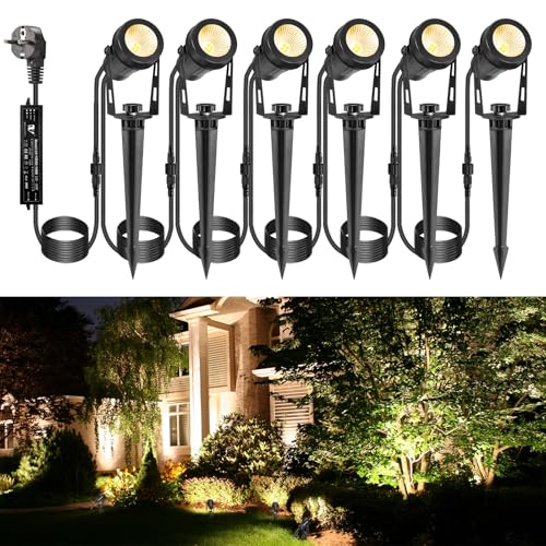 ECOWHO Gartenleuchte LED 12V 3W Gartenstrahler mit Erdspieß und Stecker IP65 Wasserdicht Gartenbeleuchtung Gartenspots mit Kabel für Außen Garten Rasen (Warmweiß 6er-Pack) von ECOWHO
