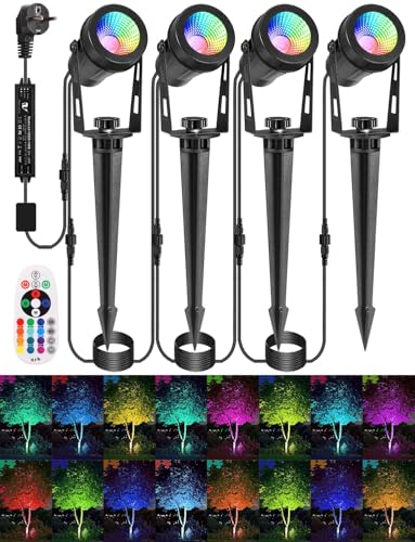 ECOWHO RGB Gartenstrahler mit Fernbedienung und Timer, IP65 Wasserdichte Gartenbeleuchtung mit Strom, 15M RGB Gartenleuchte mit Erdspieß für Garten, Bäume, Wege, Party Teich (4er-Set) von ECOWHO