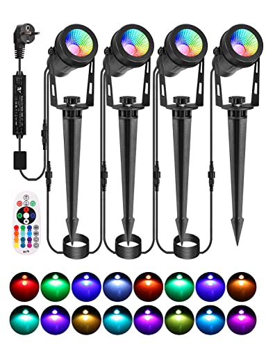 ECOWHO RGB Gartenstrahler mit Fernbedienung und Timer, IP65 wasserdichte Gartenlampen mit Strom, 15M RGB Gartenleuchte mit Erdspieß für Garten, Bäume, Wege, Party und Teich(4er-Set) von ECOWHO