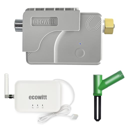 ECOWITT Sprinkler Zeitschaltuhr GW3004, Intelligente Bewässerungsuhr WFC01 mit integriertem Wasserdurchflussmesser/Temperatursensor + 3 in 1 Haus Wi-Fi/Kabel-Gateway GW3000 + WH51 Bodenfeuchtemesser von ECOWITT