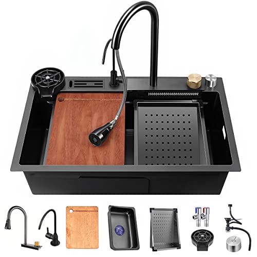 ECTbicyk Wasserfall-Küchenspüle Edelstahl-Küchenspüle,schwarze Küchenspüle, Aufsatzspüle mit ausziehbarem Wasserhahn und sonstiges Zubehör (Messerhalter-75x45cm) von ECTbicyk