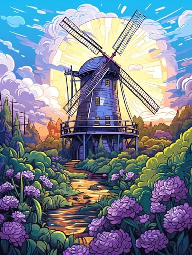 ECUCU Diamond Painting, Windmühle auf dem Land,E, DIY 5d Diamant Painting Bilder für Erwachsene & Kinder Diamant malerei Kits Malen nach Zahlen Wohnzimmer Dekoration für Home Wall von ECUCU