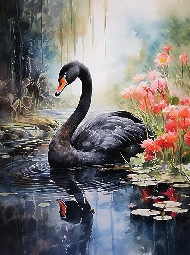 ECUCU Diamond Painting Set 5d Diamant Painting Bilder, Eleganter schwarzer Schwan im See Erwachsene Kinder Bastelset Mosaikherstellung Kunsthandwerk Geschenk Home Decor von ECUCU