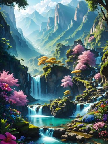 ECUCU Kreuzstich Set, Blick auf den Wasserfall im Tal, I, DIY Stickgarnituren 11CT Nadelarbeiten set, Vorbedruckte Handarbeiten Stickerei Craft für Erwachsene Mädchen Kinder Heimdekoration von ECUCU