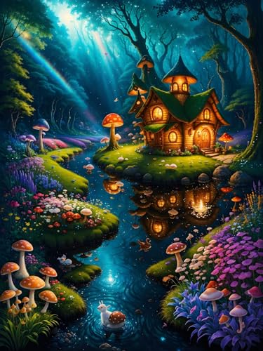 ECUCU Kreuzstich Stickpackung 11CT Sticken Set Erwachsene, Fantasy-Pilzwald,I, DIY Vorgedruckt Kreuzstich Sticken Set für Anfänger Home Decor von ECUCU