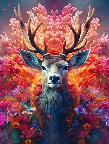 ECUCU Kreuzstich-Stickset, Blumen-Tier-Hirsch-Druckmuster, 50 x 70 cm, 11CT DIY gestempelte Kreuzstich-Kits Hand Volle Linie Vorgedruckte Stickerei Starter Kits für Anfänger von ECUCU