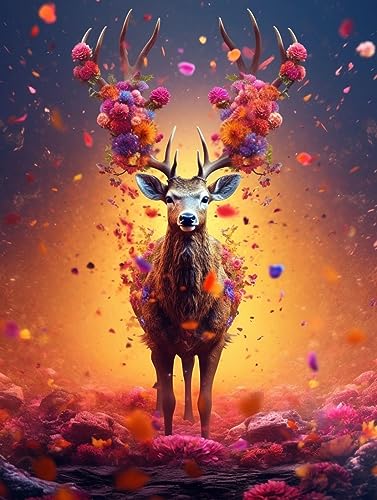 ECUCU Kreuzstich-Stickset für Erwachsene und Kinder, Tierisches Hirsch-Blumenkunstmuster, 50 x 70 cm, 11CT Sticken Set Erwachsene, Kreuzstich Stickpackungen Vorgedruckt für Wandkunst-Heimdekoration von ECUCU