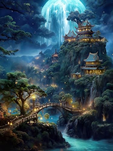 ECUCU Stickerei Set Anfänger, Fantasie-Märchenland-Landschaft,J,50 * 70cm Erwachsene Kreuzstich Vorgedruckt, Kreuzstich Starter Kit mit Muster, Farbfäden und Werkzeuge, für DIY Kunst Handwerk Nähen von ECUCU