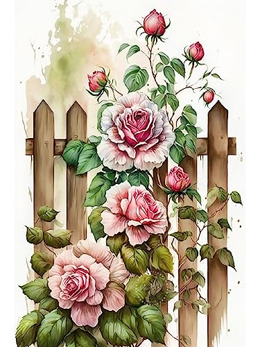 ECUCU Stickvorlagen Kreuzstich Zaun Rose Floral Vorgedrucktes Kreuzstich-Stickset für Erwachsene,B FüR Erwachsene Kinder AnfäNger von ECUCU
