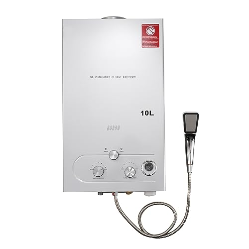 ECUTEE 10L 20KW Flüssiggas Durchlauferhitzer LPG Warmwasserbereiter, Tankless Instant Heißwasserbereiter mit Regenduschkopf und Duschschlauch, für Outdoor-Camping-Baden und RV-Dusche, Silber von ECUTEE