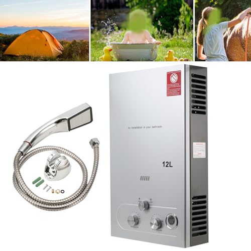 ECUTEE 12L 24KW Flüssiggas Durchlauferhitzer LPG Warmwasserbereiter, Tankless Instant Heißwasserbereiter mit Galvanisierter Duschkopf und Duschschlauch, für Outdoor-Camping-Baden und RV-Dusche, Silber von ECUTEE