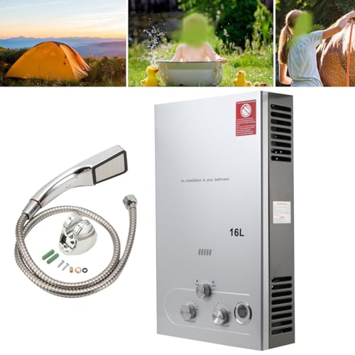 ECUTEE 16L 32KW Flüssiggas Durchlauferhitzer LPG Warmwasserbereiter, Tankless Instant Heißwasserbereiter mit Galvanisierter Duschkopf und Duschschlauch, für Outdoor-Camping-Baden und RV-Dusche, Silber von ECUTEE