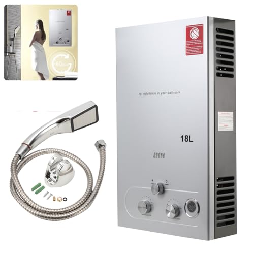 ECUTEE 18L 36KW Flüssiggas Durchlauferhitzer LPG Warmwasserbereiter, Tankless Instant Heißwasserbereiter mit Galvanisierter Duschkopf und Duschschlauch, für Outdoor-Camping-Baden und RV-Dusche, Silber von ECUTEE