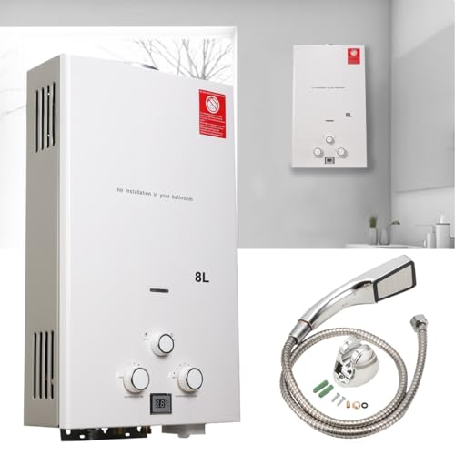 ECUTEE 8L 16KW Flüssiggas Durchlauferhitzer LPG Warmwasserbereiter, Tankless Instant Heißwasserbereiter mit Regenduschkopf und Duschschlauch, für Outdoor-Camping-Baden und RV-Dusche, Weiß von ECUTEE